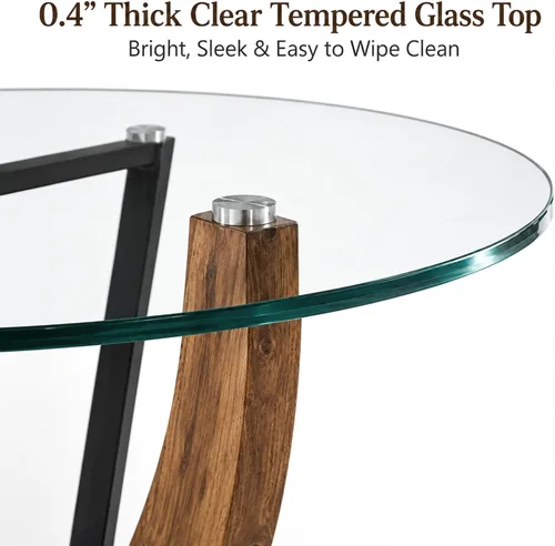 Vista 4 de Juego de mesa redonda de cristal de 5 piezas para 4, mesa de comedor moderna de 48 pulgadas con base de grano de madera, sillas tapizadas de gamuza