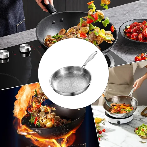 Vista 5 de Sartén de acero inoxidable – Sartén martillada resistente, cocina antiadherente, sartén para saltear con calor uniforme Utensilios de cocina