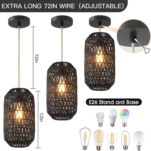 Vista 4 de Ruzectt Luminarias Colgantes Luces Colgantes de Ratán Negro para Isla de Cocina con Cable de Algodón Dorado Ajustable de 72 pulgadas, Lámpara