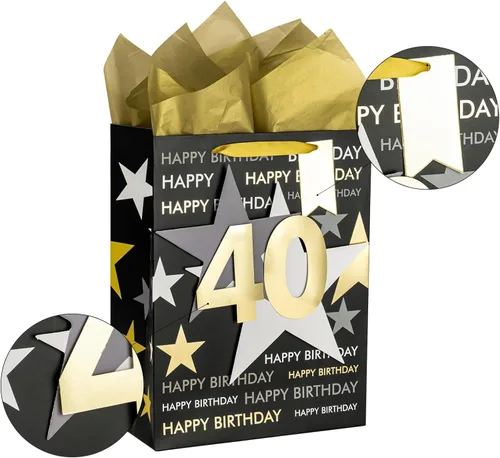 Vista 7 de Loveinside Bolsa de regalo de cumpleaños con papel de seda y tarjeta de felicitación para cumpleaños 40 – 10 x 5 x 13 pulgadas, 1 unidad, oro negro