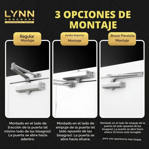 Vista 4 de LYNN HARDWARE Cierrapuertas automático extra resistente de servicio pesado (plateado) - Grado comercial, elección de contratistas, velocidad