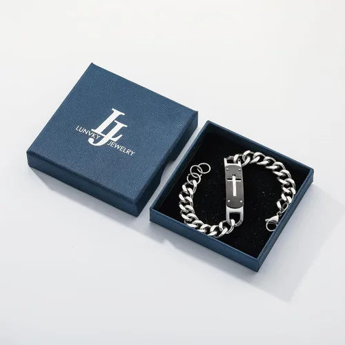 Vista 5 de Pulsera de cruz para hombres y niños, pulsera de cadena de cruz cubana de acero inoxidable, versículo de la Biblia, regalo de joyería cristiana