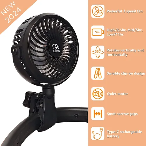 Vista 8 de liuliuby Ventilador de cochecito de bebé con clip Ventilador de clip para asiento de coche de bebé Portátil y recargable con abrazadera duradera