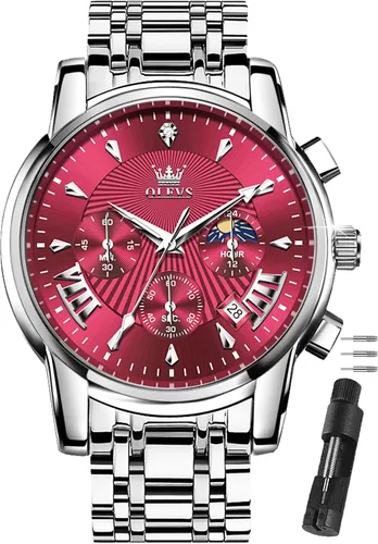 Vista 12 de OLEVS Relojes para hombre de plata, reloj de cronógrafo de acero inoxidable para hombre, reloj analógico de cuarzo de cara grande para hombre