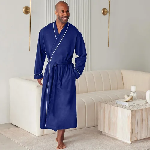 Vista 2 de Alexander Del Rossa Bata larga de punto de algodón suave para hombre con bolsillos, bata de baño