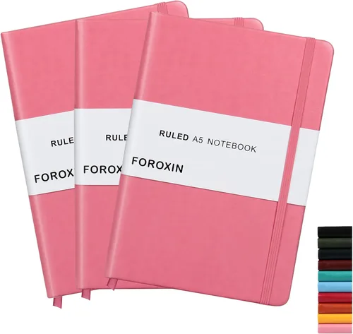 Vista 13 de Cuaderno rayado de tapa dura, tamaño A5, con forro de 8.3 x 5.7 pulgadas, papel grueso premium de 80 gsm (100 hojas/200 páginas). Tapa dura de piel