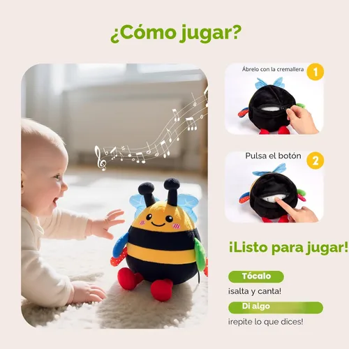 Vista 6 de hahaland - Juguete de abeja que rebota para el tiempo boca abajo, para 6 meses, juguete musical de abeja de peluche para bebés de 7, 8, 9, 10, 11