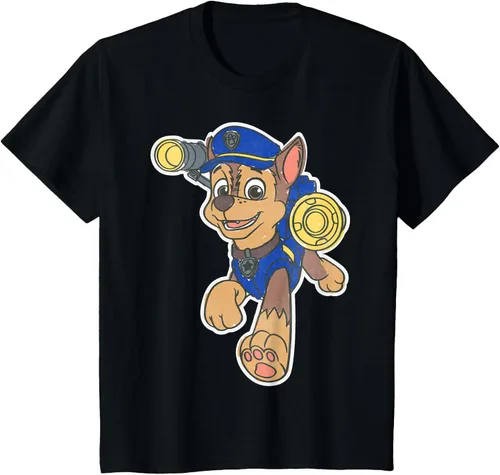 Vista 81 de Paw Patrol Chase Character Patch - Camiseta negra de manga corta con cuello redondo y ajuste clásico, talla S Negro