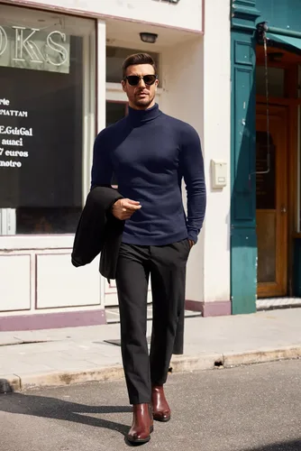 Vista 7 de COOFANDY Suéter de cuello alto ajustado para hombre, casual, básico, de manga larga, suéter de punto