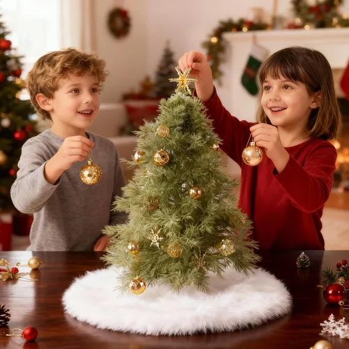 Vista 2 de IMucci Falda de árbol blanca de piel de lana de 15 pulgadas, falda pequeña para árbol de Navidad, falda de terciopelo de felpa blanca como la nieve