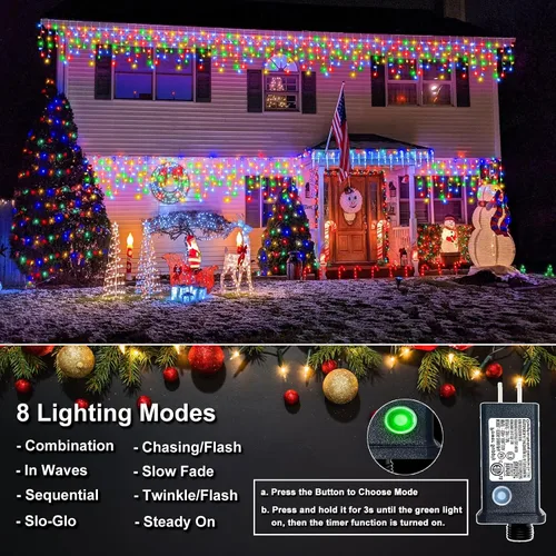 Vista 2 de Luces de carámbano para exteriores, 16.5 pies, 200 luces LED de Navidad para exteriores, impermeables, 8 modos de enchufe, cortina de luz conectable