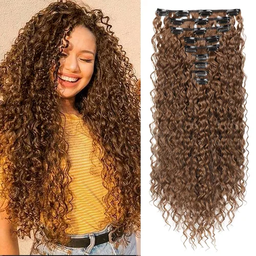 Vista 13 de LONAI Extensión de Cabello, 9 piezas, 56 cm de largo, castaño, extensiones de cabello rizadas con pinza, LN002, extensiones de cabello sintético