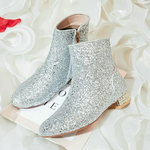 Vista 4 de Botines de lentejuelas para mujer, botines de tacón bajo con purpurina brillante