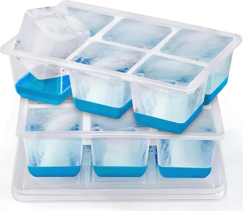 Vista 9 de Bandejas para cubitos de hielo, 2 unidades, moldes grandes de silicona para cubitos de hielo con tapa a prueba de fugas, marco de TPE transparente