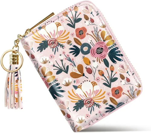 Vista 3 de Coco Rossi Billetera pequeña para tarjetas de crédito RFID con purpurina linda para mujer, C Flores rosadas