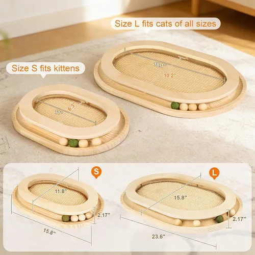 Vista 8 de Rascador para gatos, almohadilla rascador de sisal natural y juguete interactivo para gatitos con pista de bolas y bola de hierba gatera