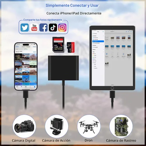 Vista 3 de Lector de tarjetas SD para iPhone, lector de tarjetas de memoria con adaptador USB-C a Lightning, conector plug and play, visor de tarjetas Micro SD