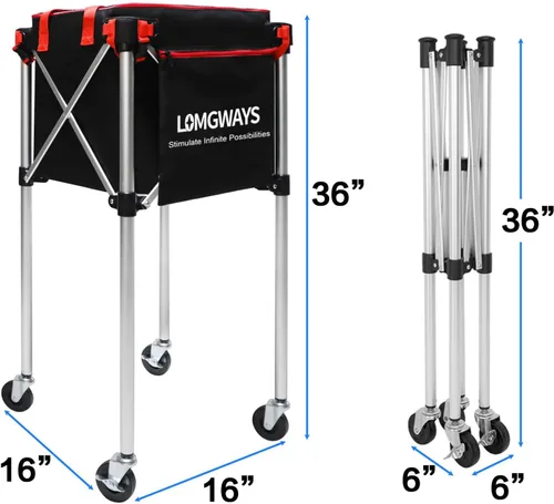 Vista 2 de Pickleball Tennis Ball Hopper-Foldable Lightweight Tennis Cart Holds 180 Tennis/160 Pickleballs with Removable Bag,Wheels,Side Pocket for