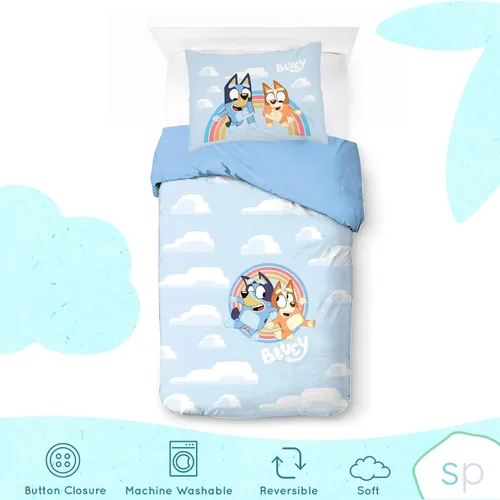 Vista 3 de Saturday Park - Juego de edredón y funda de almohada para cama individual de Bluey y Bingo con nubes arcoíris - Juego de 2 piezas 100% algodón
