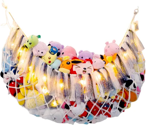 Vista 12 de Hamaca grande de animales de peluche con luz montada en la pared, hamaca Squishmallow de peluches, organizador de juguetes, hamaca de macramé Negro