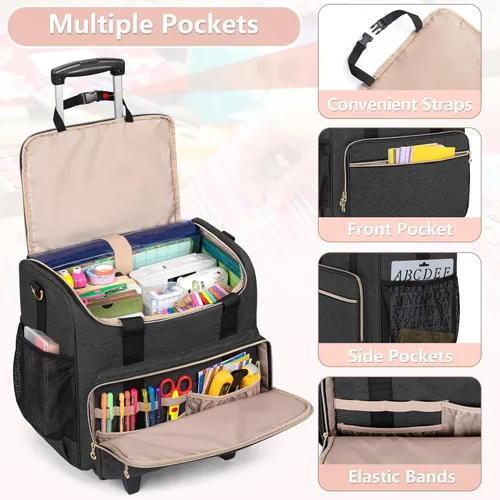 Vista 3 de LUXJA Bolsa de manualidades con ruedas con bolsillos para álbum de recortes de 12 x 12 pulgadas y laptop, bolsa rodante para álbum de recortes