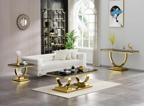 Vista 5 de Mesa de centro de mármol negro Henf de lujo, mesa auxiliar rectangular de mármol sintético de imitación con base de acero inoxidable dorado