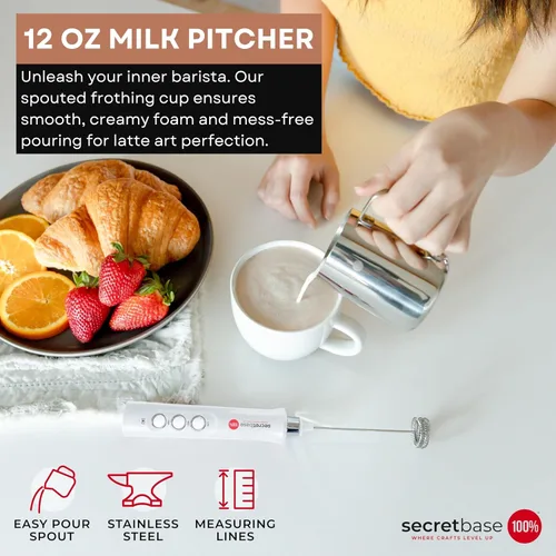 Vista 5 de Secretbase Espumador de leche recargable de 3 velocidades, jarra, base de carga, mezclador de mano para latte, bebidas, matcha, incluye taza