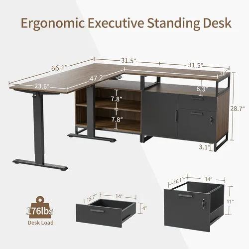 Vista 3 de FEZIBO Escritorio de pie en forma de L de 66 pulgadas con cajones y estantes, mesa ejecutiva de altura ajustable, parte superior de nogal
