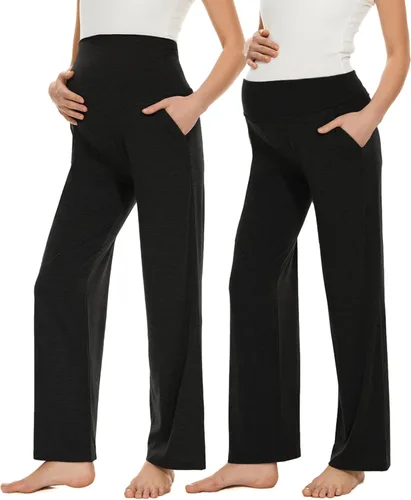 Vista 8 de Ecavus Pantalones de maternidad anchos y rectos para mujer, versátiles, cómodos, palazzo, elásticos, con bolsillos