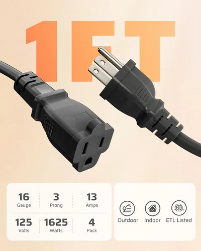Vista 6 de DEWENWILS Cable de extensión corto, cable de alimentación SJTW de 1 pie, cable de extensión SJTW de 16 AWG resistente a la intemperie