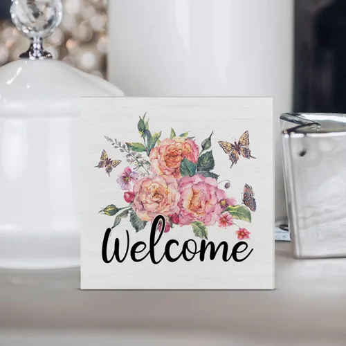 Vista 4 de Letrero de madera con texto en inglés "Welcome Butterflies", caja de madera de granja, bloques de arte de primavera, estante de escritorio, mesa
