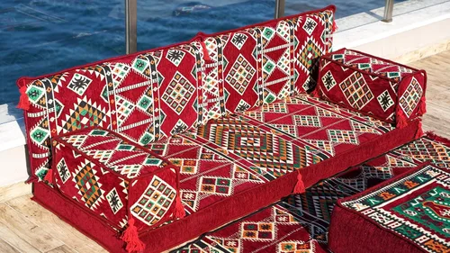 Vista 4 de arabicsofa Juego de sofá de dos plazas étnico individual – Funda lavable estilo bohemio cojines de suelo con sofá otomano