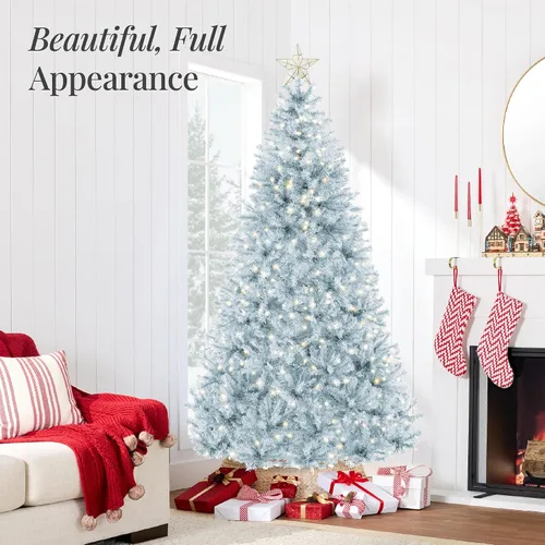 Vista 22 de Best Choice Products Árbol de Navidad azul bebé preiluminado de 6 pies, decoración navideña artificial completa con 947 puntas de rama, 250 luces