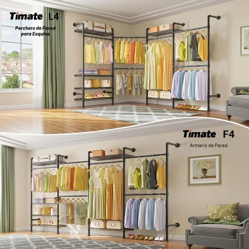 Vista 2 de Timate Perchero de ropa en forma de L L4 resistente para colgar ropa, perchero industrial expandible para ropa de tubería industrial montado