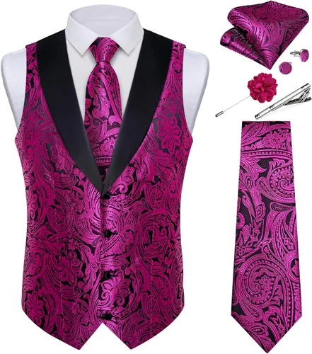 Vista 18 de DiBanGu Chaleco de traje de cachemira para hombre, chaleco jacquard de seda y corbata, chaleco formal de cuello de chal, 7 piezas para fiesta