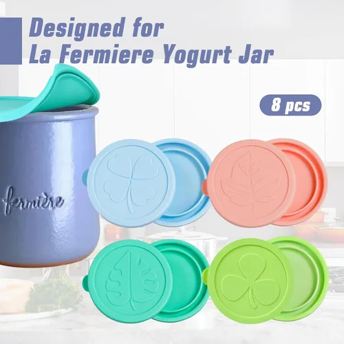 Vista 2 de La Fermiere Tapas para tarros de yogur, paquete de 8 fundas de silicona LFGB Platino, tapas de repuesto reutilizables de ajuste cómodo, aptas