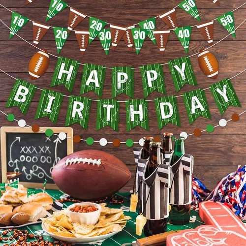 Vista 2 de Pasimy 4 piezas de banderines de cumpleaños de fútbol americano Bandera de pendón de fútbol americano Bandera de feliz cumpleaños circular Guirnalda