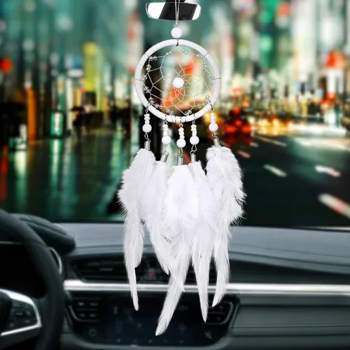 Vista 6 de Dremisland Atrapasueños hecho a mano blanco atrapasueños espejo retrovisor de coche colgante con adorno de perla (blanco)