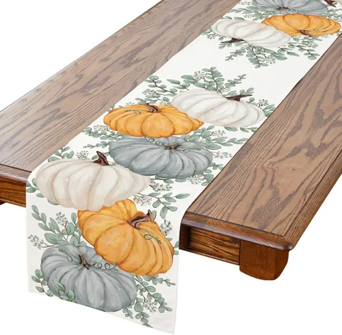 Vista 7 de Camino de mesa de otoño, eucalipto y calabaza, camino de mesa para otoño, Acción de Gracias, decoración de fiesta en el hogar, decoración de mesa