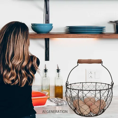 Vista 3 de TAIANLE. Cesta de huevos de alambre con mango de madera, cesta de recolección de huevos de granja con capacidad para 1-3 docenas – encimera