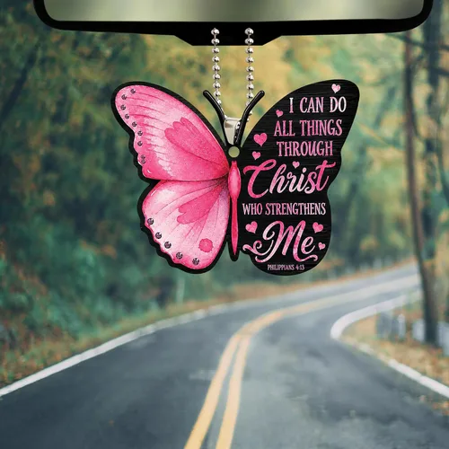 Vista 3 de Talataca Mariposa rosa con texto en inglés "I Can Do All Things Through Christ Strengthens Me" 2D Flat Car Rear View Mirror Accessories Christmas