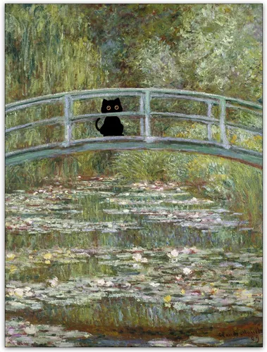 Vista 26 de CAXIYSH Arte de pared de gato negro Monet, póster de lirios acuáticos, vintage, divertido, floral, gato, lienzo, pinturas famosas, impresiones