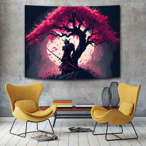 Vista 7 de Ine Ive GTDWIE0297 - Tapiz samurái japonés para estética de dormitorio, luna llena, árbol de cerezo, 40 x 30 pulgadas, arte japonés para dormitorio