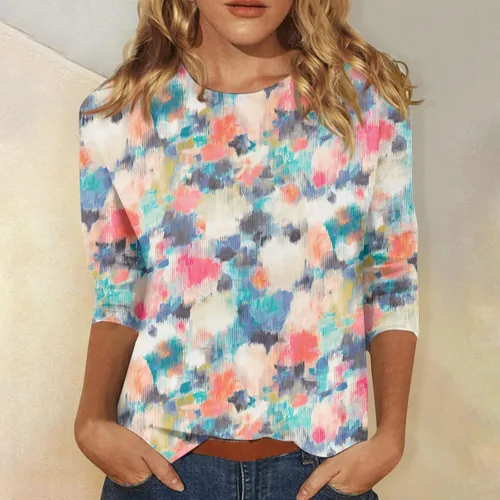 Vista 4 de Camisetas de manga 34 para mujer con estampado de flores, blusas casuales de talla grande