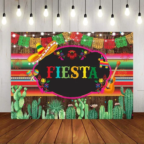 Vista 5 de Mocsicka Telón de fondo mexicano con temática de fiesta de madera rústica para decoración de fiesta de vinilo, cinco de mayo, cactus mexicano