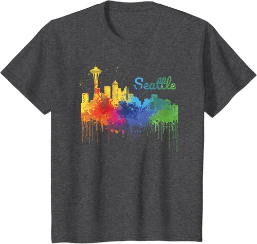 Vista 23 de Seattle Washington Skyline Watercolor Souvenir Seattle Camiseta, Negro
