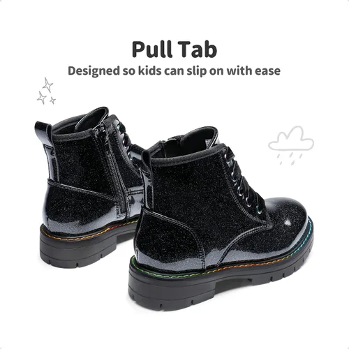 Vista 5 de DREAM PAIRS Botas de tobillo con purpurina para niñas y niños, zapatos de combate con cremallera lateral con cordones (bebéniño pequeñoniño grande)