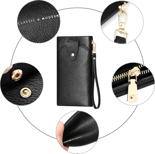 Vista 5 de Cartera para mujer, cartera de mano con soporte para teléfono, tarjetero grande de cuero vegano suave, Casual