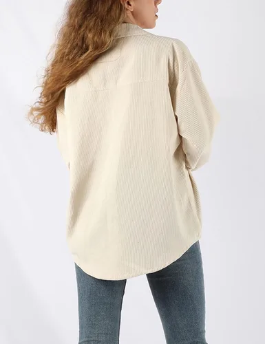 Vista 5 de Himosyber Chaqueta casual de pana de gran tamaño con solapa de pana sólida para mujer