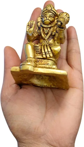 Vista 7 de Ídolo de Lord Hanuman de latón para templo del hogar de 3.25 pulgadas, postura sentada con Gada, murti religioso hecho a mano para habitación Pooja